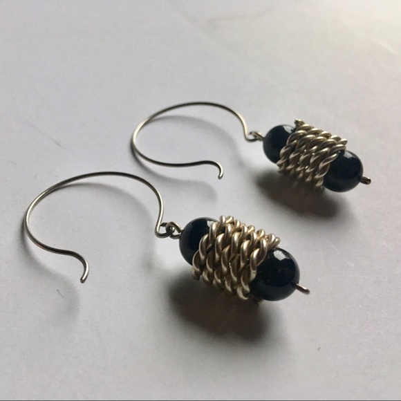 FINAL Vintage Silver Onyx Wire Drop Earrings - Picture 3 of 3